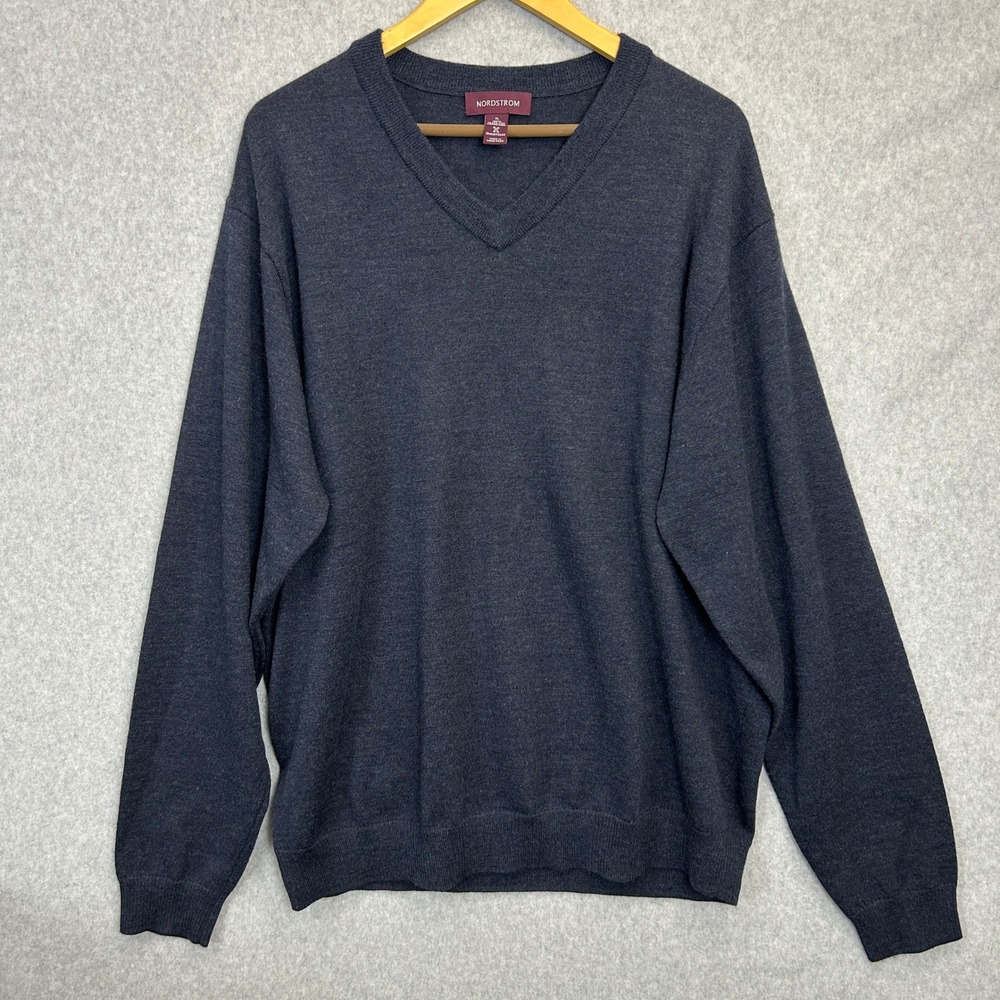 Nordstrom‎ V Neck Sweater Blue Gray 100% Merino Wool Smartcare Academic Mens XL